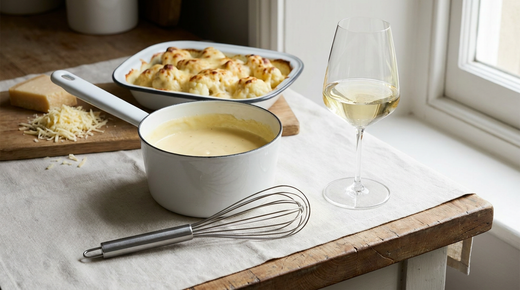 Petite casserole en émail de sauce Mornay épaisse et jaune pâle, fouet à plat, gruyère râpé et parmesan, chou-fleur gratiné, verre de vin blanc, plan de travail en bois