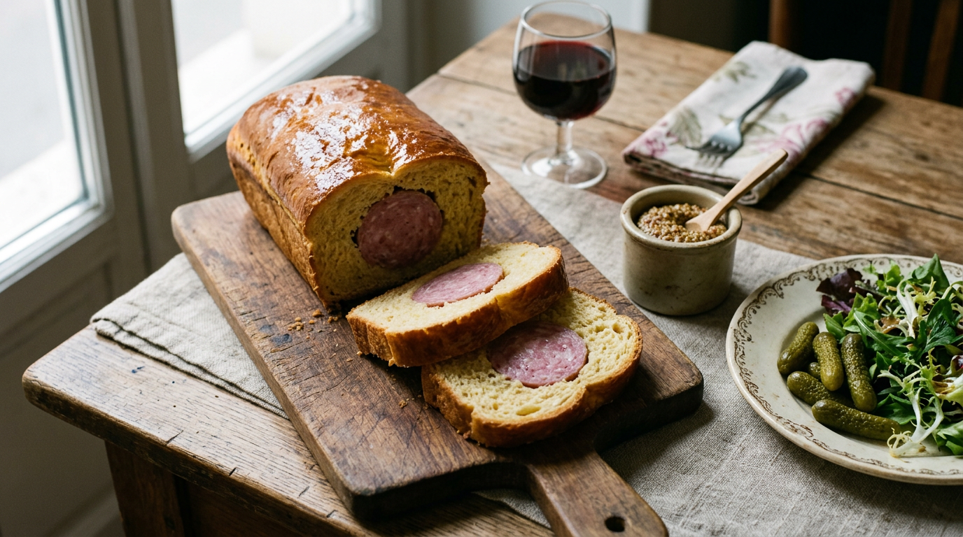 Saucisson brioché lyonnais doré sur une planche, tranché en épaisses tranches montrant le saucisson rosé au cœur de la mie, moutarde à l'ancienne, cornichons et salade verte