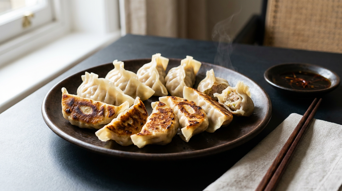 Gyoza en croissants plissés, semelle dorée et craquante visible sur ceux couchés sur le côté, sauce soja vinaigre à côté