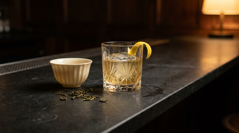 Cocktail ambré clair dans un verre bas sur un gros glaçon, long zeste de citron, petite tasse de thé et feuilles à côté, comptoir de pierre sombre, lumière chaude tamisée