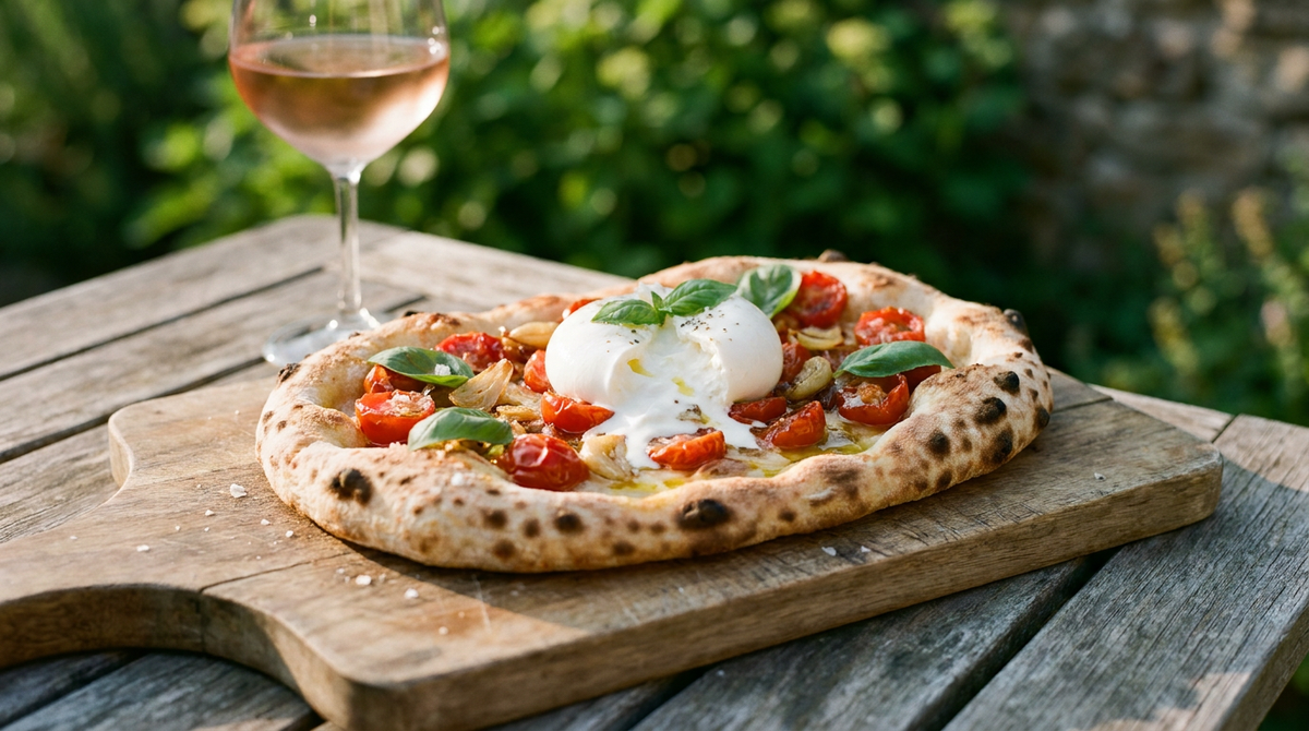 Pinsa burrata et tomates cerises ovale sur une planche en bois, tomates cerises rôties, une burrata entière ouverte au centre qui coule, basilic frais, huile d'olive, bords soufflés et tachés, table de terrasse d'été, lumière du soir