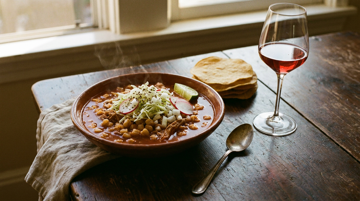 Bol de pozole rojo, bouillon rouge de piments avec porc effiloché et gros grains de maïs, radis, chou émincé, citron vert et origan à côté, verre de vin rouge