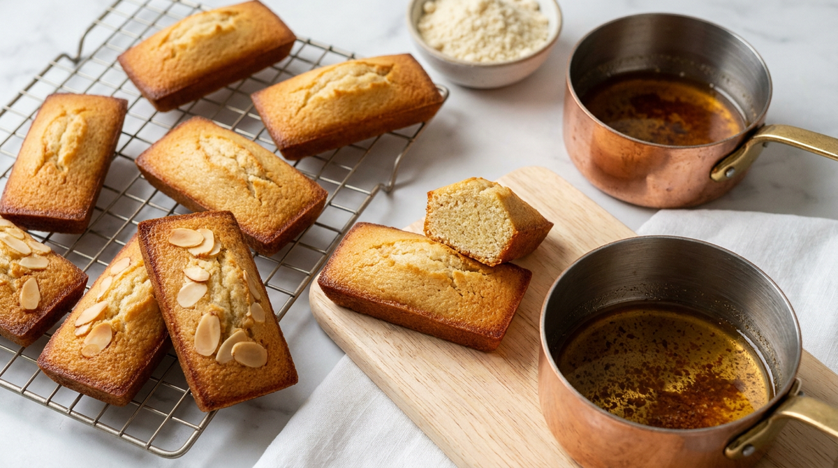 Financiers rectangulaires dorés sur une grille, l'un cassé montrant une mie dense et blonde, casserole de beurre noisette à côté
