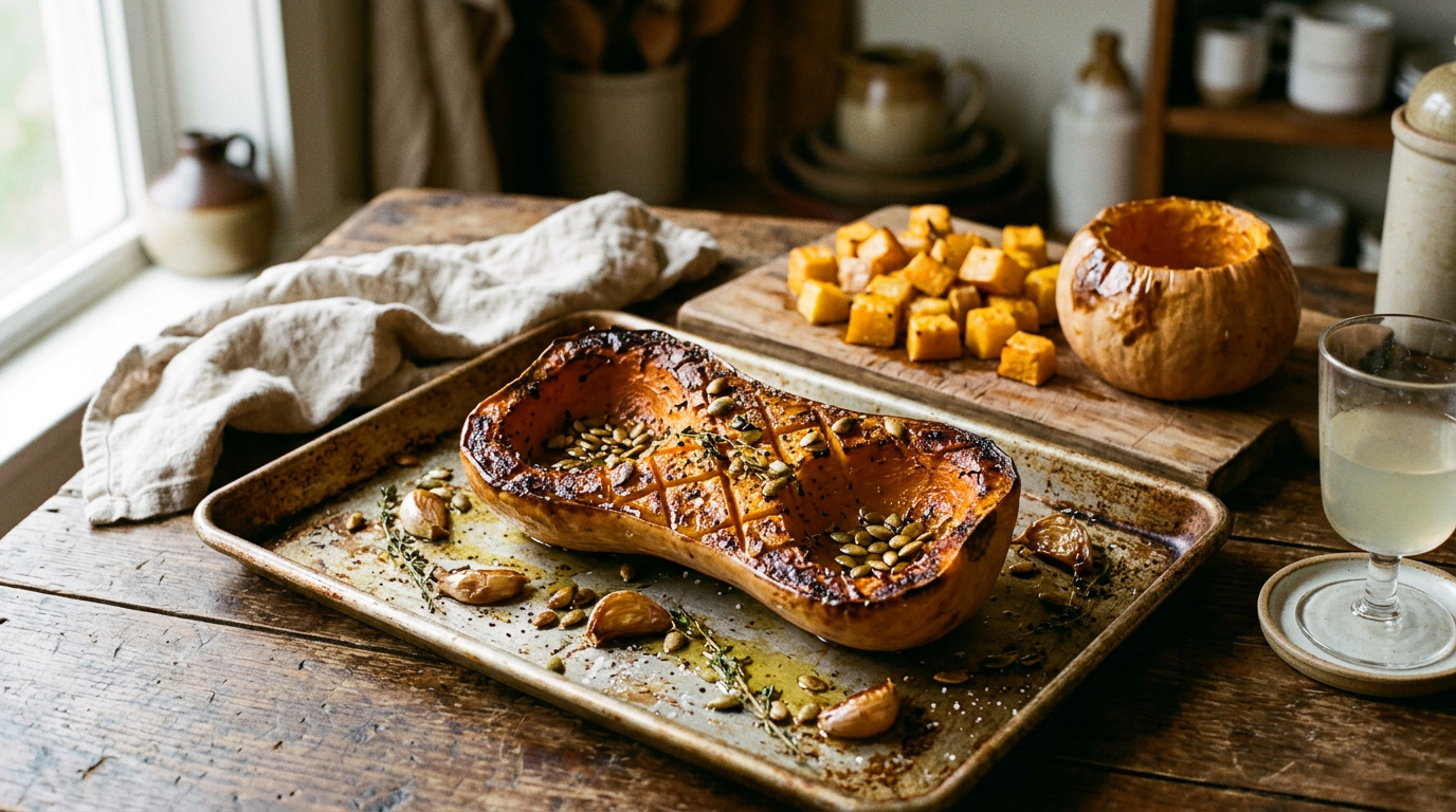 Butternut rôtie au four coupée en deux, chair caramélisée et incisée en losanges, graines de courge grillées, thym et ail confit, avec le col détaillé en cubes rôtis à côté