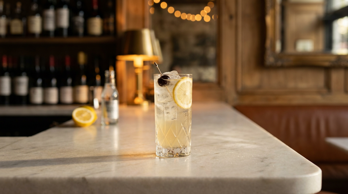 Juan Collins jaune paille pétillant dans un verre collins, rondelle de citron et cerise sur pique, comptoir de marbre de Thassos