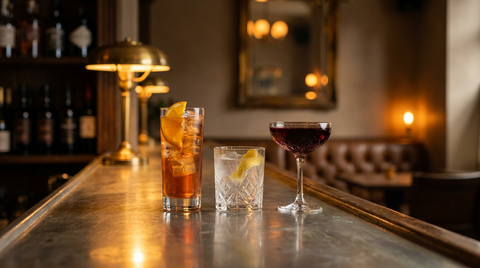 Trois mocktails amers alignés dans des verres différents, l'un orangé sur glace, l'un pâle au tonic, l'un sombre, sur un comptoir de zinc patiné, bar chic flou en fin de journée