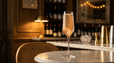Crémant à la pêche dans une flûte, robe rose pâle, cordon de bulles fines, tranche de pêche blanche au pied du verre