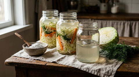 Bocaux de légumes lactofermentés, chou blanc râpé, bâtonnets de carotte et aneth immergés sous une saumure trouble, poids de verre visible, bol de gros sel et demi-chou à côté