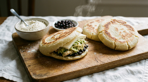 Arepas vénézuéliennes sur une planche, galettes de maïs blanches à croûte dorée, l'une ouverte et garnie de poulet et haricots noirs
