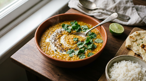 Dahl de lentilles corail dans un bol en terre, purée orange onctueuse parsemée de coriandre fraîche, filet de lait de coco, graines de cumin grillées, riz basmati et naan à côté, citron vert, table de bois sombre, lumière chaude