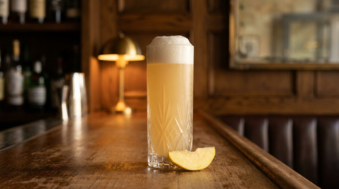 Fizz au coing doré dans un verre haut, col de mousse blanche, quartier de coing au pied du verre, comptoir de caviste