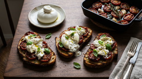 Tartines de pain grillé aux tomates confites brunes et brillantes et à la burrata déchirée dont la crème coule, basilic et poivre concassé, burrata entière sur une assiette, plat de tomates confites au thym et à l'ail