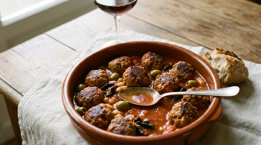 Plat en terre cuite de boles de picolat, boulettes de viande dorées dans une sauce tomate épaisse aux olives vertes, haricots blancs et cèpes séchés, cuillère à plat, morceau de pain, verre de vin rouge, table en bois