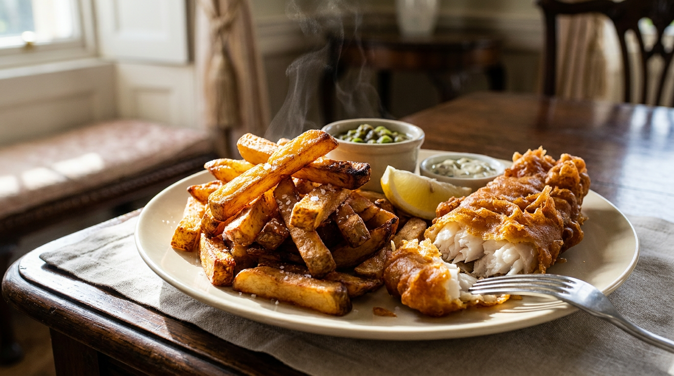 Fish and chips : frites épaisses bien dorées et croustillantes en tas généreux, pavé de cabillaud à la pâte cloquée ouvert sur une chair blanche en gros feuillets, citron et petits pois