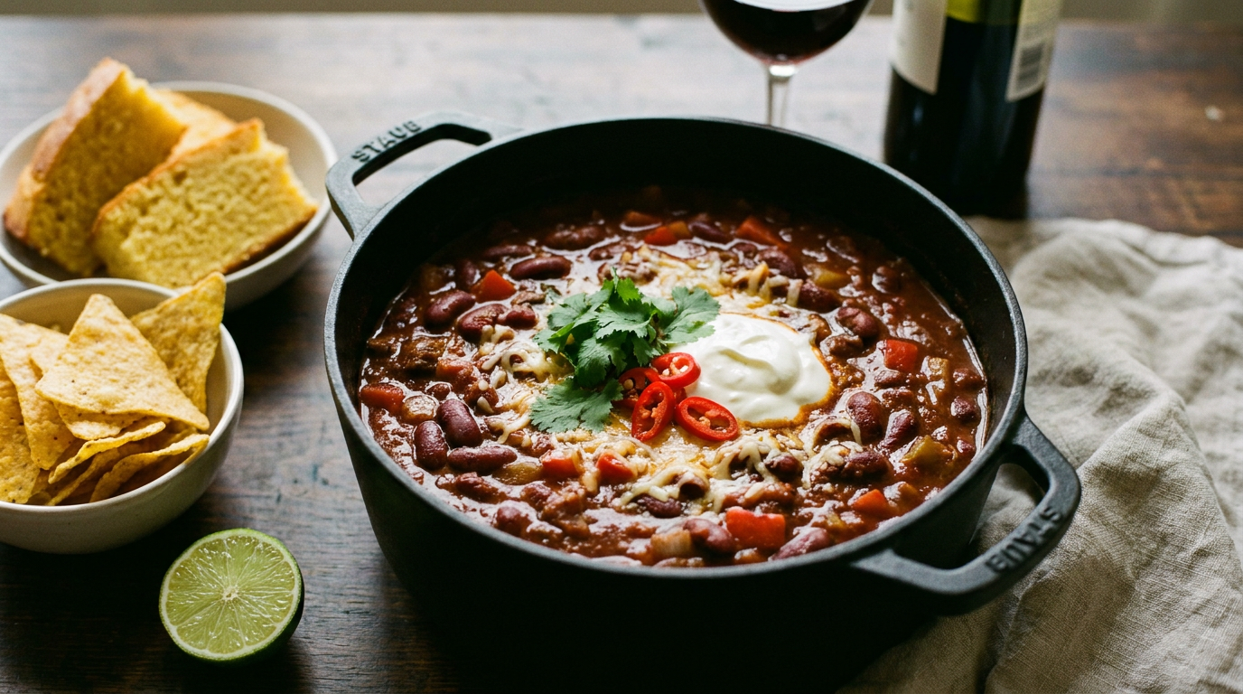 Chili con carne en cocotte, bœuf haché et haricots rouges entiers dans une sauce brun-rouge épaisse, crème, coriandre et piment