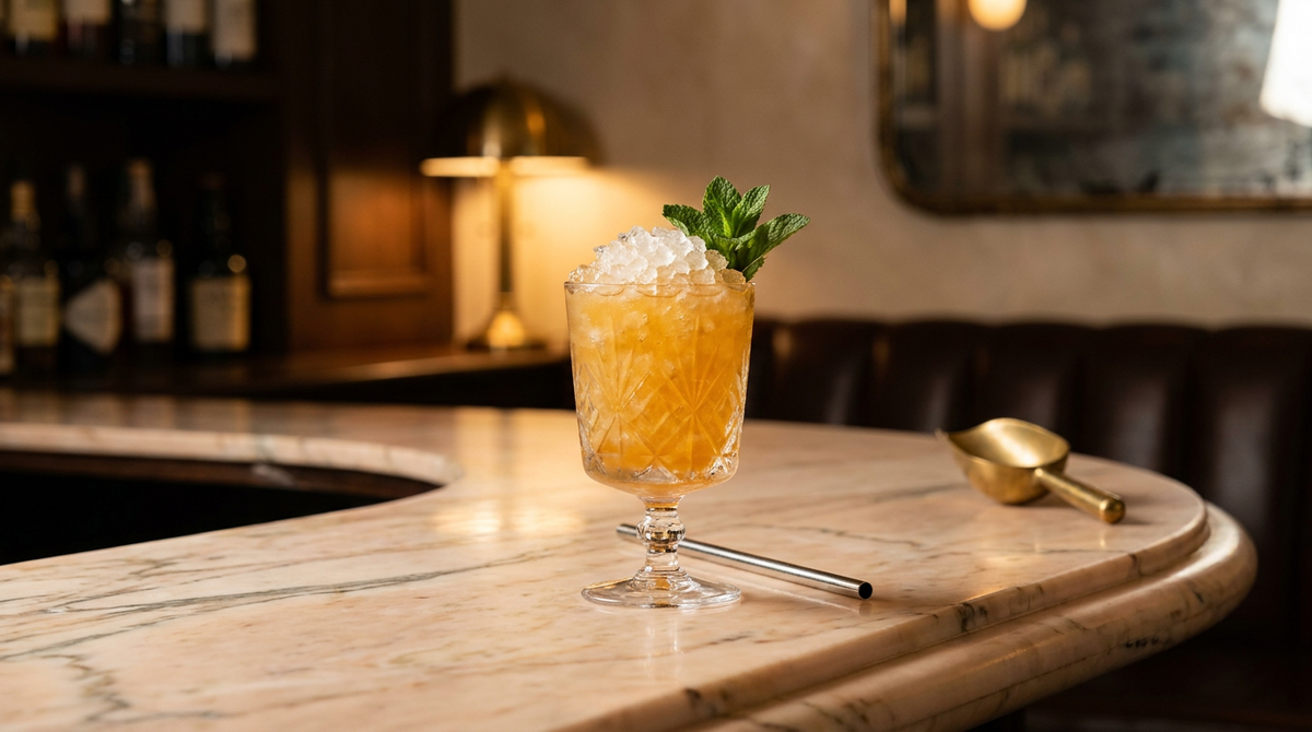 Brandy daisy doré orangé sur glace pilée dans un gobelet sur pied, brin de menthe et paille, comptoir de marbre Rose Aurore