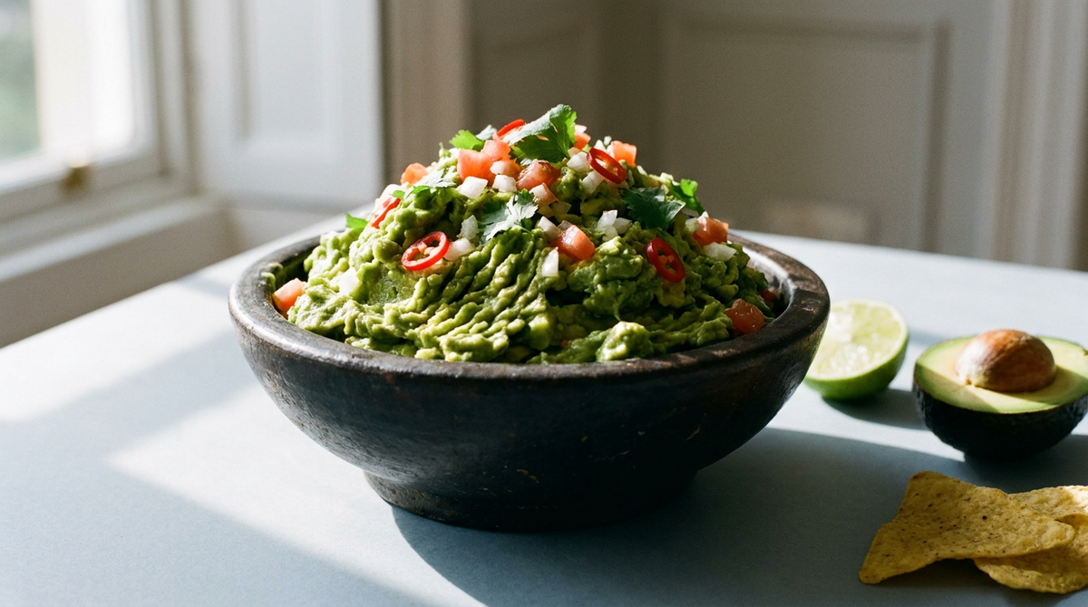 Guacamole écrasé à la fourchette dans un mortier de pierre, morceaux d'avocat visibles, tomate, coriandre et piment sur le dessus, demi-avocat et citron vert à côté