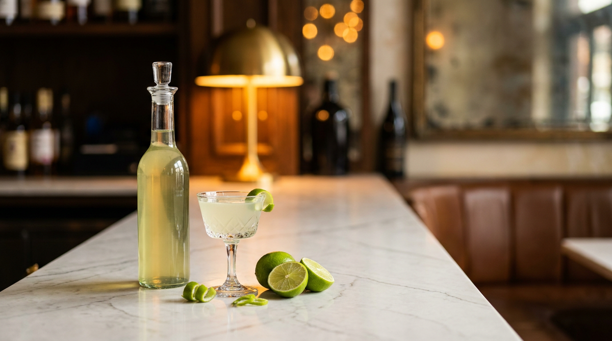 Lime cordial maison dans une bouteille de verre à côté d'un gimlet en coupe, citrons verts coupés, comptoir de quartzite blanc