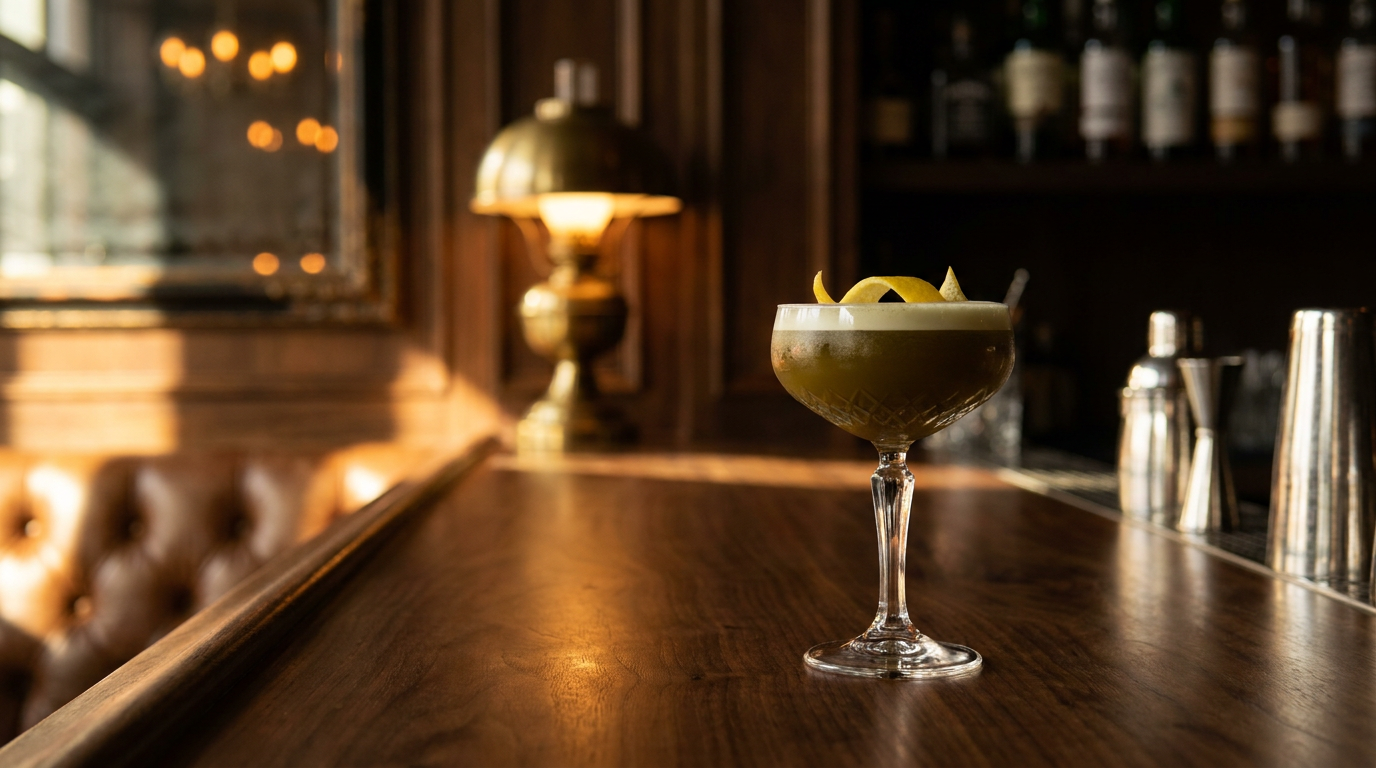 Coupe en cristal d'un cocktail vert olive profond sous une mousse pâle, zeste de citron posé dessus, sur un comptoir de noyer sombre dans un bar chaleureux