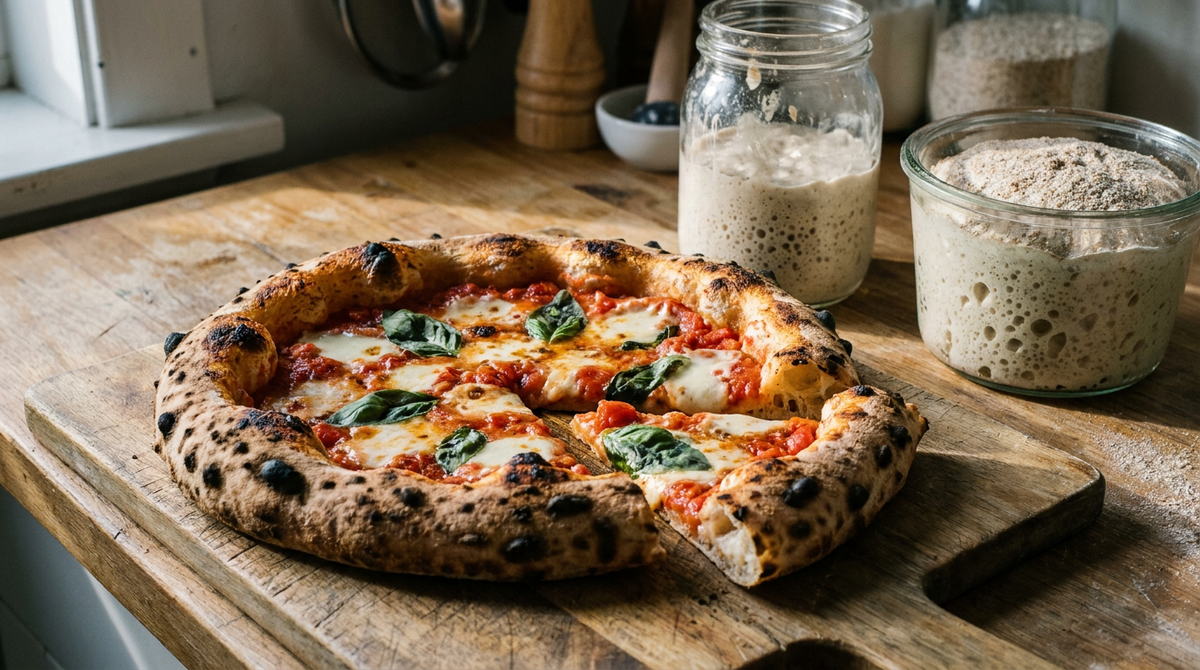 Pâte à pizza au levain très bullée dans un bac en verre, un bocal de levain actif mousseux à côté, une pizza cuite au bord irrégulier et tacheté sur une planche, farine et grains, cuisine de boulanger amateur, lumière rasante