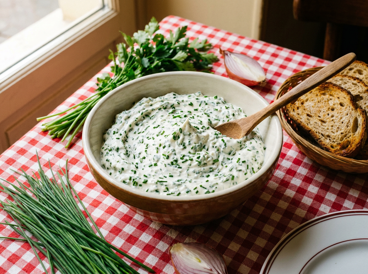 Cervelle de canut aux herbes fraîches dans un bol en grès, ciboulette, persil, échalote et pain de campagne grillé sur une nappe vichy rouge