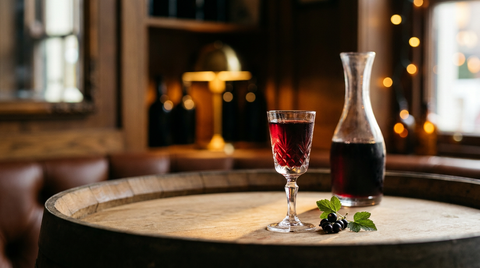 Petit verre à pied en cristal rempli d'une liqueur de cassis violet sombre, carafe de la même liqueur derrière et brin de cassis, sur une tête de tonneau de chêne
