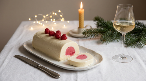 Bûche glacée vanille à cœur de framboise tranchée, table de Noël, verre de crémant