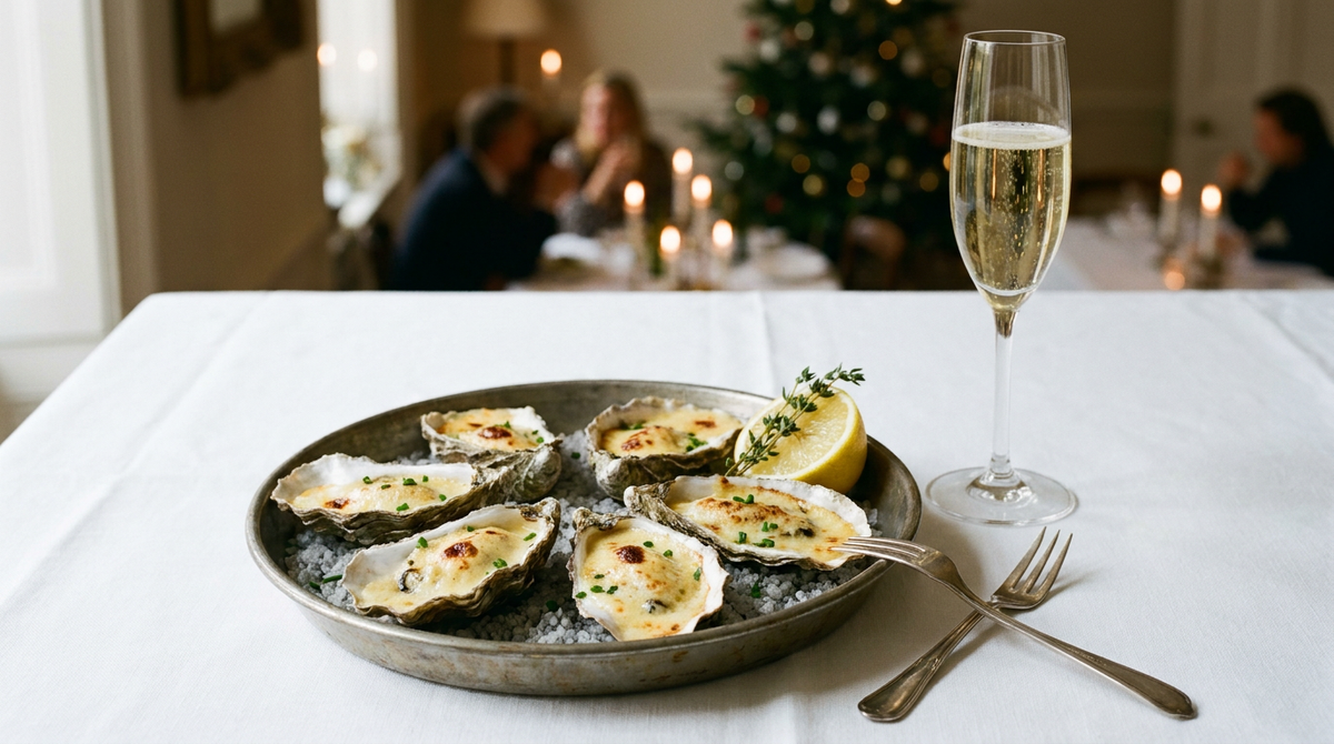 Six huîtres chaudes dans leurs coquilles, nappées d'un sabayon au champagne doré et gratiné, sur un lit de gros sel dans un plat en métal, flûte de crémant et citron derrière, nappe de lin blanc, lumière douce de réveillon