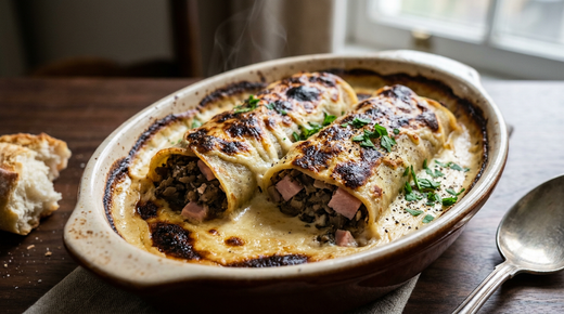 Ficelles picardes gratinées dans leur plat, crêpes roulées à la duxelles et au jambon, dessus doré et cloqué