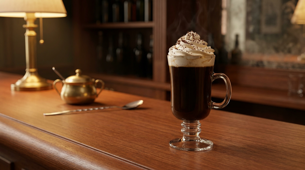 Rüdesheimer Kaffee dans un verre sur pied, café noir surmonté d'une couronne de crème fouettée et de copeaux de chocolat, comptoir de chêne de Spessart