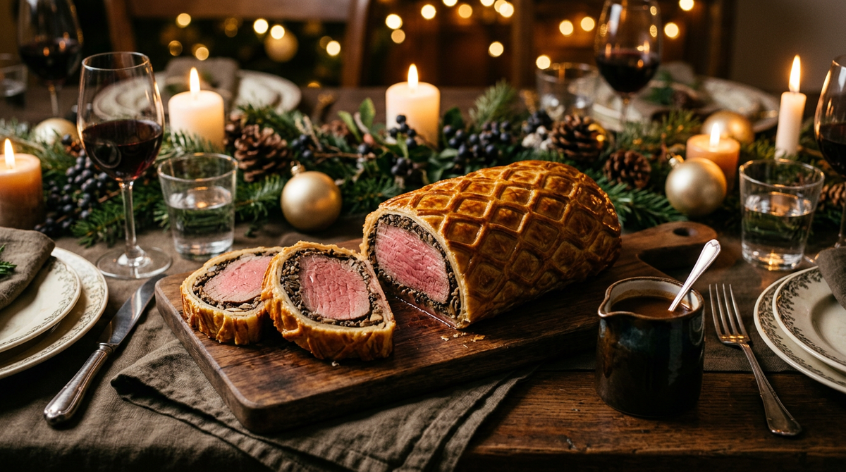 Filet de bœuf en croûte doré et rayé en croisillons, deux tranches coupées montrant le feuilletage, la duxelles brune et la viande rose saignante, sur une table de fête aux bougies