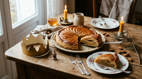 Galette des rois à la frangipane dorée en rosace, une part servie montrant le feuilletage et la crème d'amande, avec une couronne dorée, une fève en porcelaine et des bougies allumées
