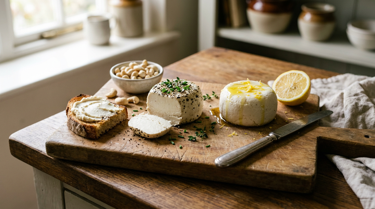 Fromage de cajou maison, petit rond blanc crémeux roulé dans le poivre et la ciboulette, une tranche coupée, tartiné sur du pain grillé, second fromage nature à l'huile d'olive, couteau à plat, bol de noix de cajou, plan de travail en chêne