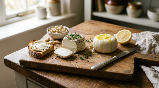 Fromage de cajou maison, petit rond blanc crémeux roulé dans le poivre et la ciboulette, une tranche coupée, tartiné sur du pain grillé, second fromage nature à l'huile d'olive, couteau à plat, bol de noix de cajou, plan de travail en chêne