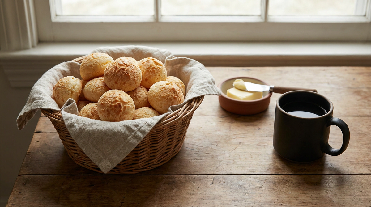 Pão de queijo, petits pains au fromage brésiliens dorés dans une corbeille en osier garnie de lin, beurre, tasse de café, plan de travail en bois, lumière du matin