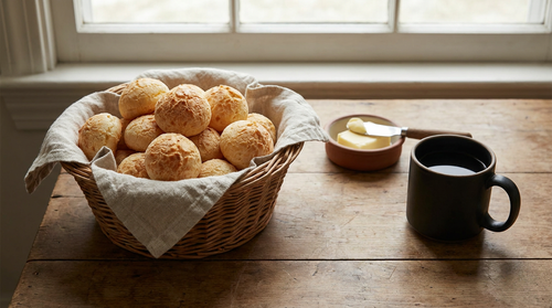 Pão de queijo, les petits pains au fromage brésiliens : la fécule de manioc échaudée au lait bouillant comme une pâte à choux, du fromage, et des boules qui se congèlent crues