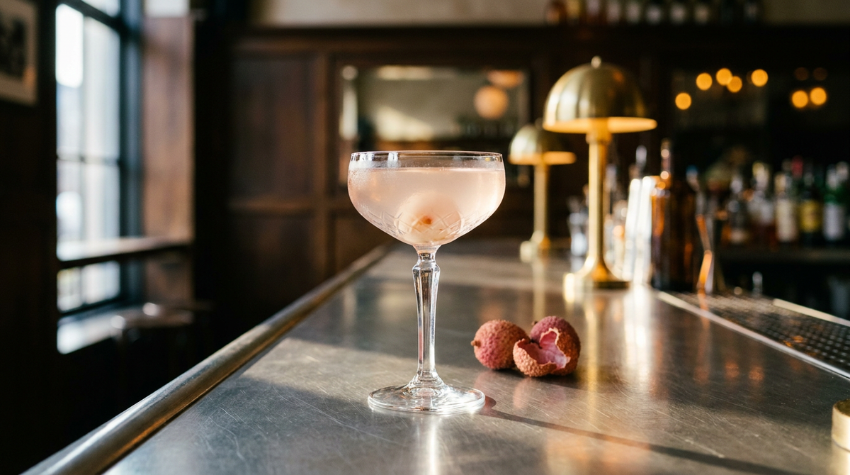 Mocktail litchi-rose servi en coupe sur un comptoir d'inox brossé