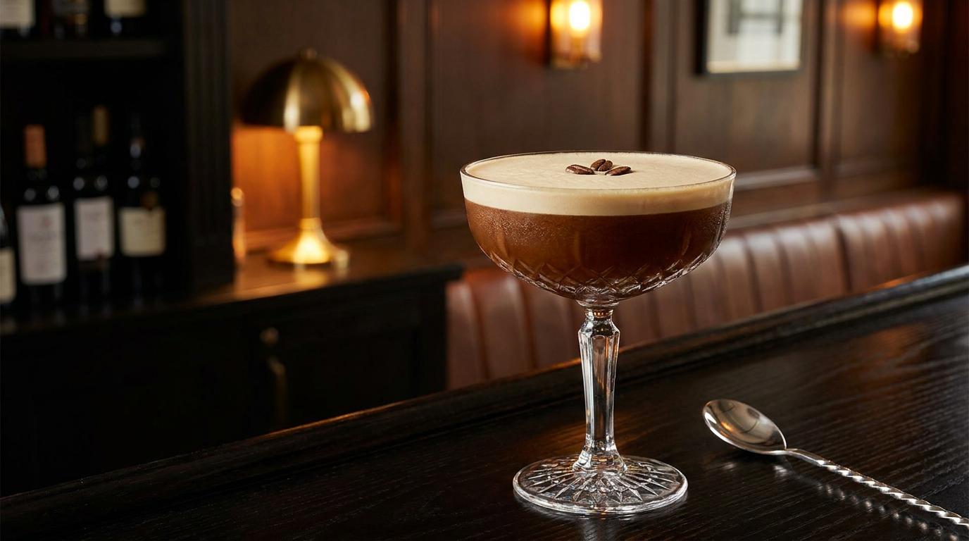 Virgin espresso martini dans une coupe avec sa mousse claire et trois grains de café, comptoir d'ébène poli