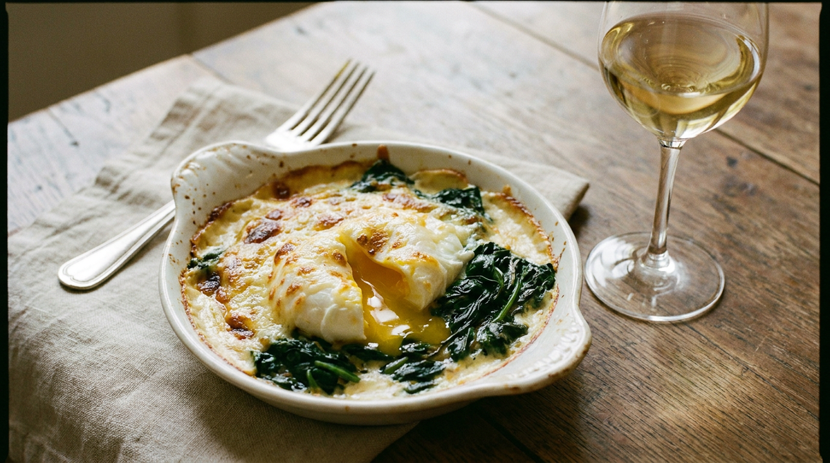 Œufs florentine dans un petit plat ovale blanc, œufs pochés sur épinards, sauce Mornay gratinée, jaune coulant, fourchette à plat, verre de vin blanc, table en bois