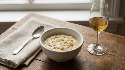 Riz au lait crémeux au caramel au beurre salé, cuillère, verre de vin doux