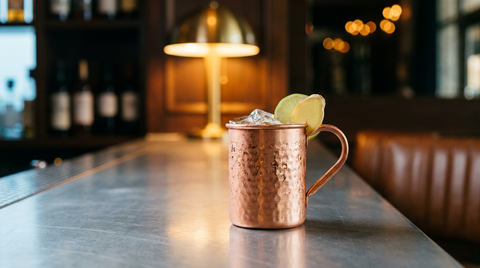 Timbale en cuivre martelé embuée, remplie de glace et d'une boisson dorée pétillante, quartier de citron vert et tranche de gingembre, sur une station de bar en inox