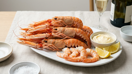 Langoustines cuites aux longues pinces fines sur un plat blanc, quelques queues décortiquées, mayonnaise, citron et flûte de vin blanc