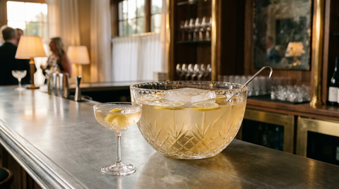 Bol à punch en cristal taillé rempli d'un punch au champagne doré pâle avec un gros bloc de glace et des rondelles de citron, coupe servie devant, bar de réception