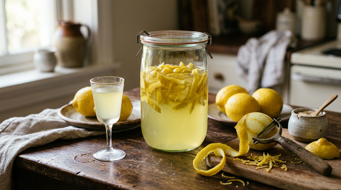 Bocal de conservation rempli de zestes de citron jaune macérant dans un alcool clair, économe posé à côté avec un long ruban de zeste, citrons entiers sur une table en bois