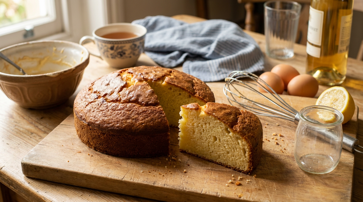 Gâteau au yaourt doré sur une planche, une part coupée montrant une mie fine et moelleuse, pot de yaourt vide comme mesure