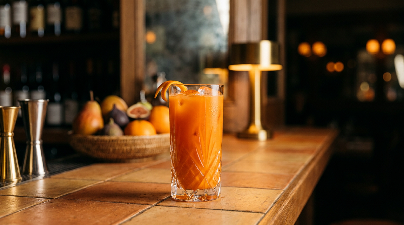 Mocktail carotte gingembre orange vif dans un grand verre sur glace, zeste d'orange sur le bord, comptoir en tomettes