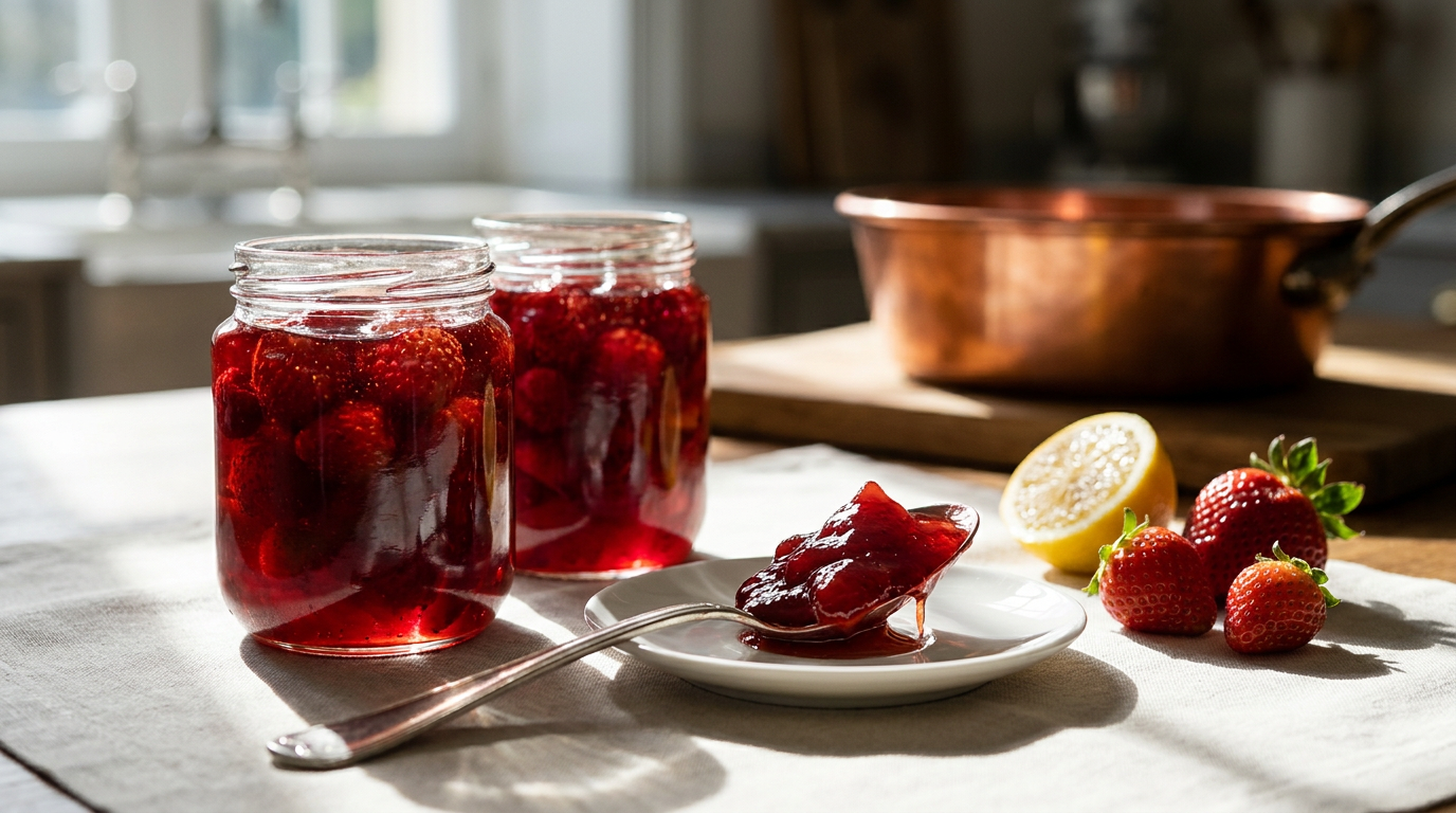 Deux bocaux de confiture de fraises rouge translucide traversée par la lumière, morceaux de fruits entiers visibles, cuillérée nappante sur une soucoupe