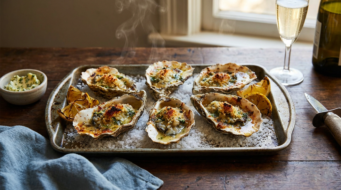 Six huîtres chaudes gratinées dorées et bouillonnantes sur un lit de gros sel, persil haché et flûte de crémant