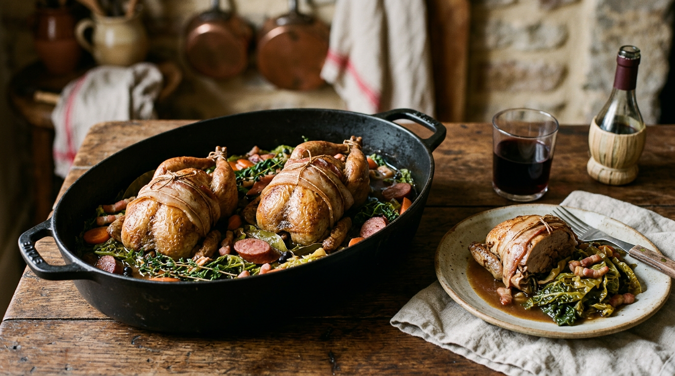 Deux perdrix bardées de lard braisées sur un lit de chou vert dans une cocotte en fonte, avec lardons, carottes, saucisse fumée et baies de genièvre, une assiette servie à côté
