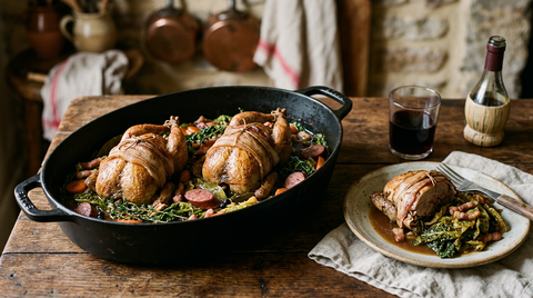 Deux perdrix bardées de lard braisées sur un lit de chou vert dans une cocotte en fonte, avec lardons, carottes, saucisse fumée et baies de genièvre, une assiette servie à côté